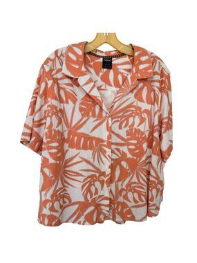 FarWest Tropical Print Shirt XXL Orange White Button Front Hawaiian Camp Shirt